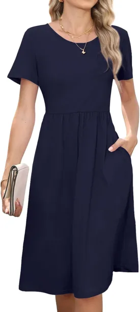 Women's Empire Waist Pleated Dress Flowy Casual Knee Length Short Sleeve Dresses with Pockets 2025