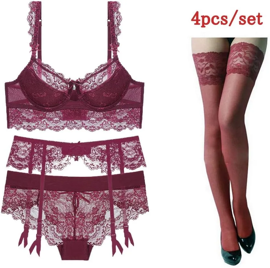 Women's Sexy Push Up Embroidery Lace Bra and Panties Lingerie Set (Suspender Garter Belt & Stockings Optional)
