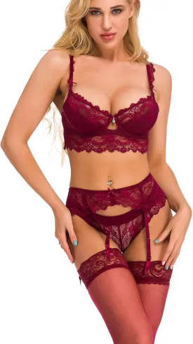 Women's Sexy Push Up Embroidery Lace Bra and Panties Lingerie Set (Suspender Garter Belt & Stockings Optional)