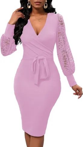 Womens Sexy Wrap V Neck Lantern Lace Long Sleeve Bodycon Midi Dress Semi Formal Cocktail Party Dresses