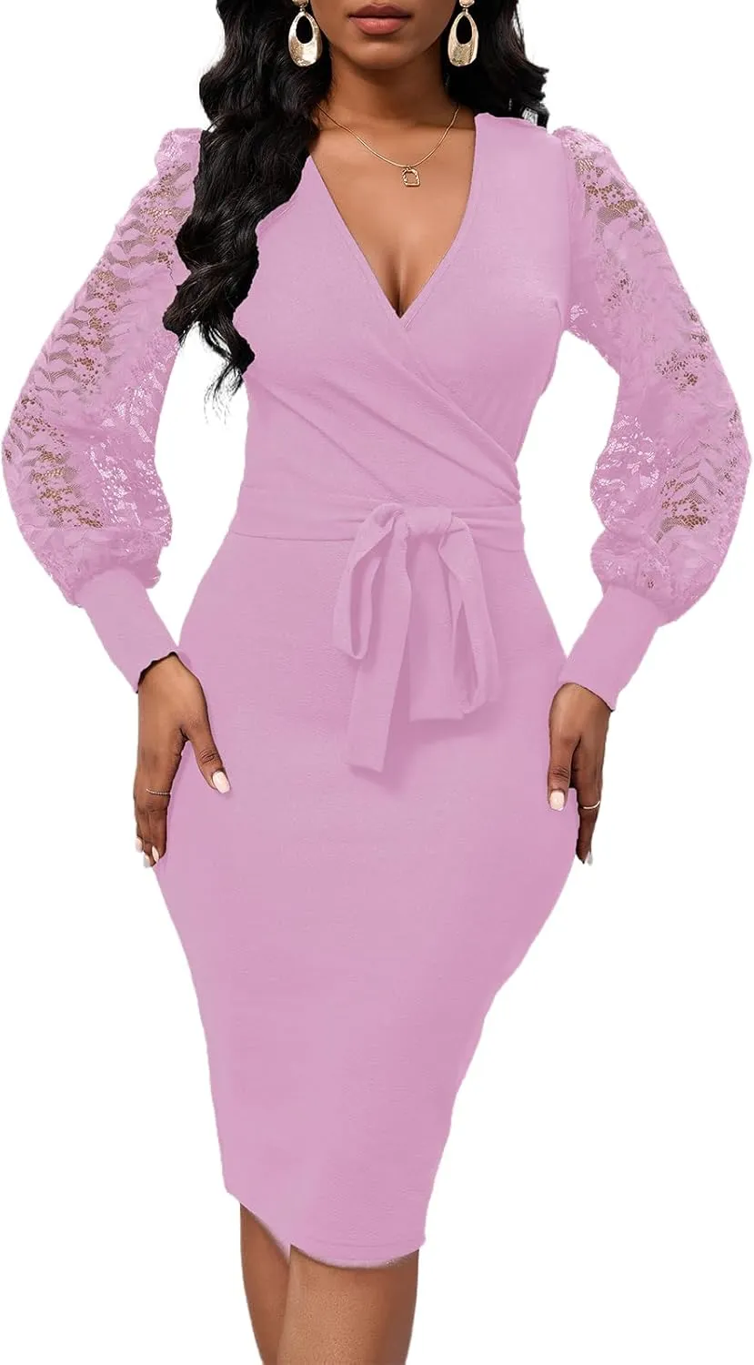 Womens Sexy Wrap V Neck Lantern Lace Long Sleeve Bodycon Midi Dress Semi Formal Cocktail Party Dresses