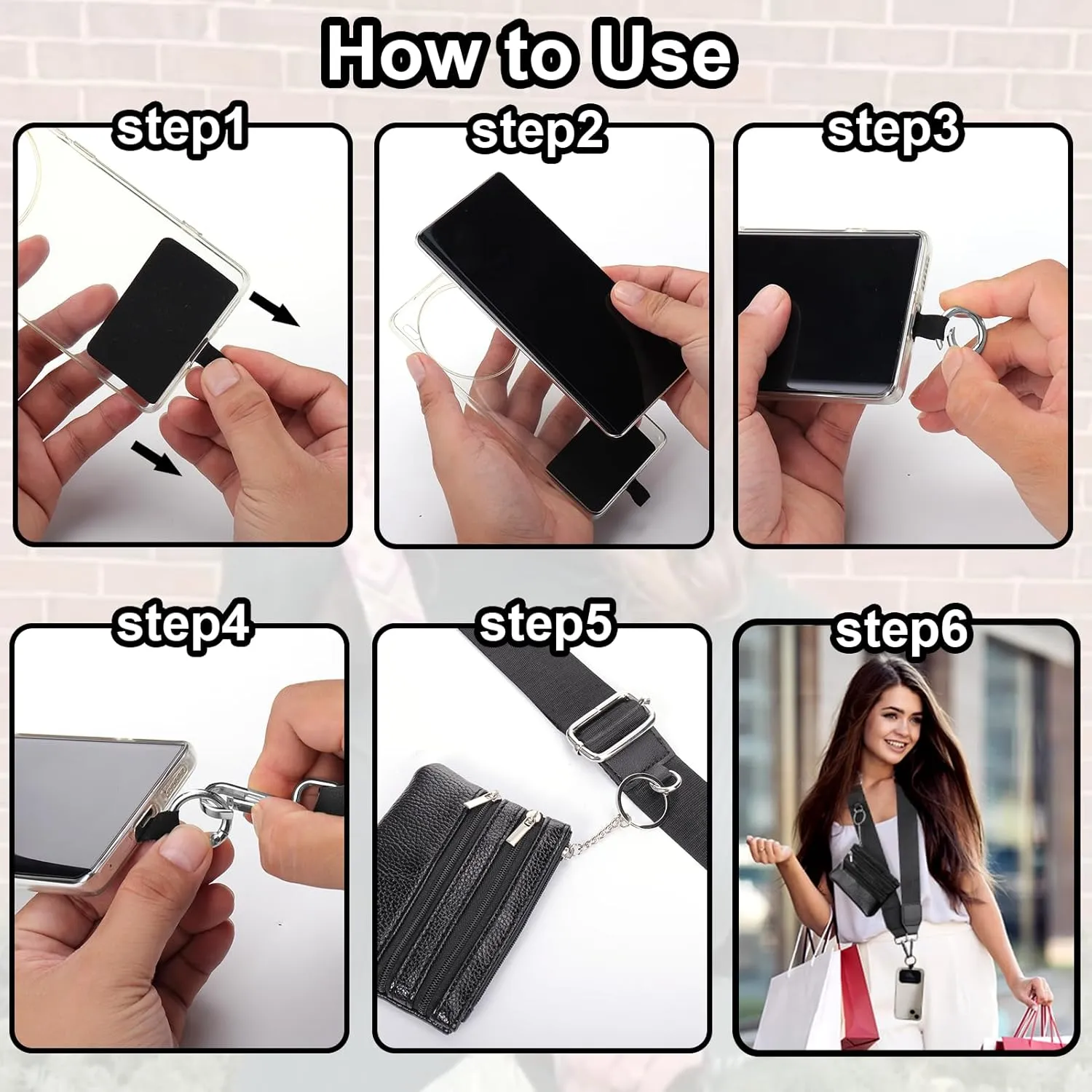 XANGNIER Clip and Go Strap for Phone with Wallet Crossbody, Phone Strap with Zippered Wallet, Adjustable Anti Theft Cellphone Lanyard for Women, Cellphone Chain Accessories, Black