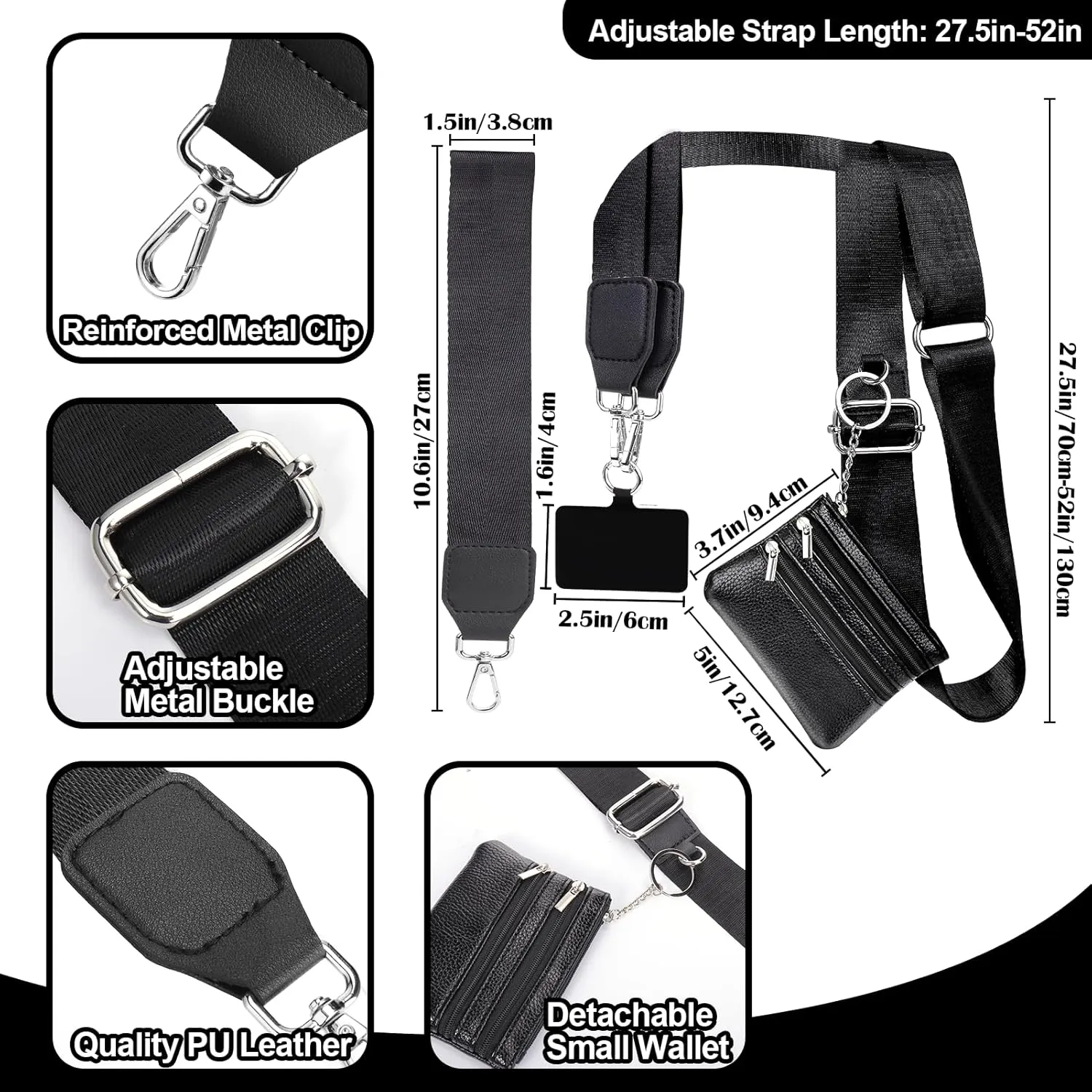 XANGNIER Clip and Go Strap for Phone with Wallet Crossbody, Phone Strap with Zippered Wallet, Adjustable Anti Theft Cellphone Lanyard for Women, Cellphone Chain Accessories, Black