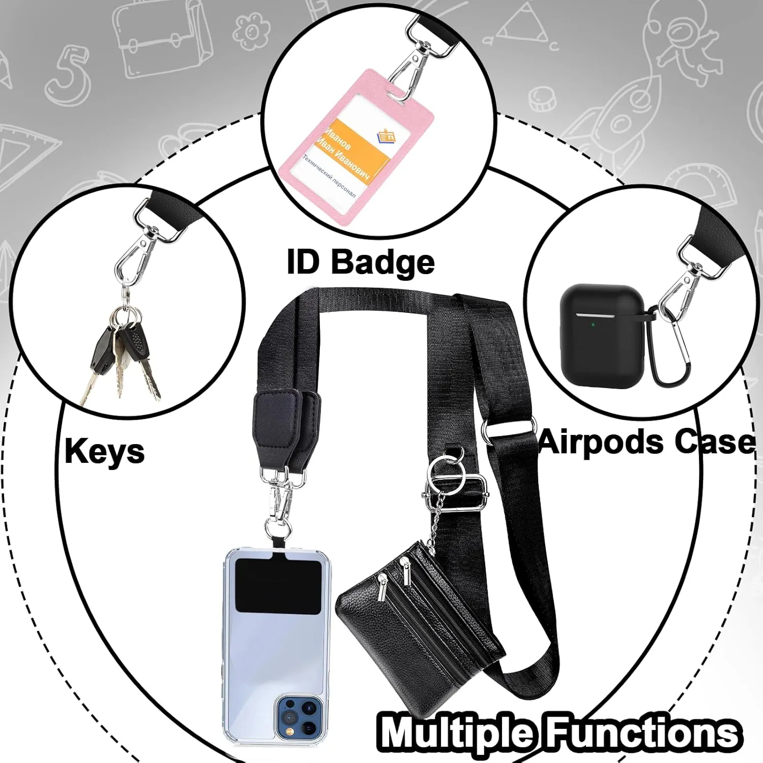 XANGNIER Clip and Go Strap for Phone with Wallet Crossbody, Phone Strap with Zippered Wallet, Adjustable Anti Theft Cellphone Lanyard for Women, Cellphone Chain Accessories, Black