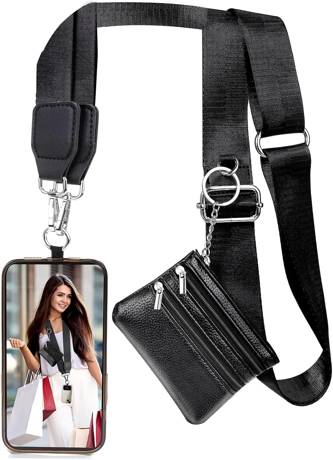 XANGNIER Clip and Go Strap for Phone with Wallet Crossbody, Phone Strap with Zippered Wallet, Adjustable Anti Theft Cellphone Lanyard for Women, Cellphone Chain Accessories, Black