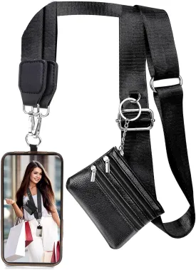 XANGNIER Clip and Go Strap for Phone with Wallet Crossbody, Phone Strap with Zippered Wallet, Adjustable Anti Theft Cellphone Lanyard for Women, Cellphone Chain Accessories, Black