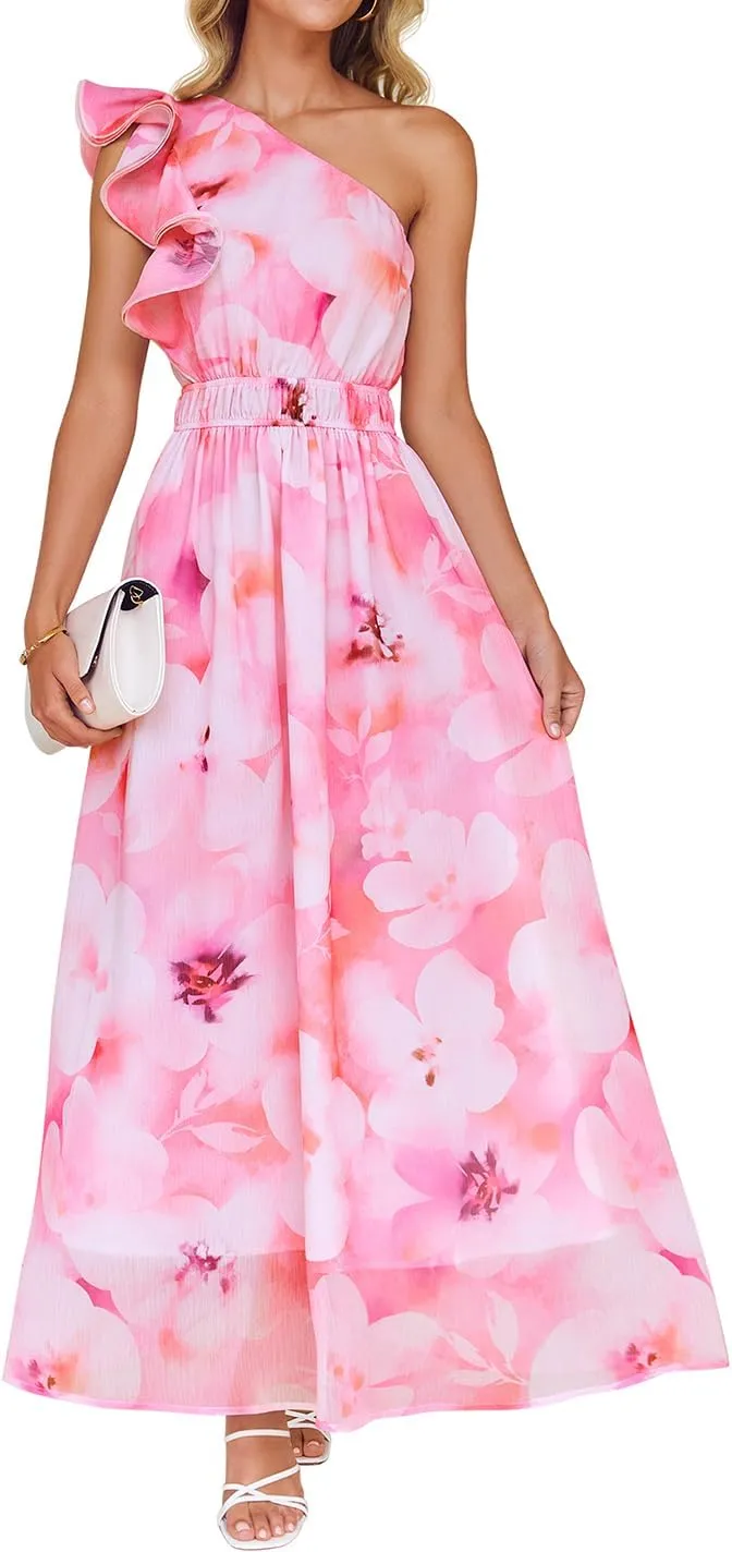 ZESICA Women's 2025 Boho Floral Sleeveless Maxi Dress Ruffle One Shoulder Elatsic High Waist Beach Party Long Dresses