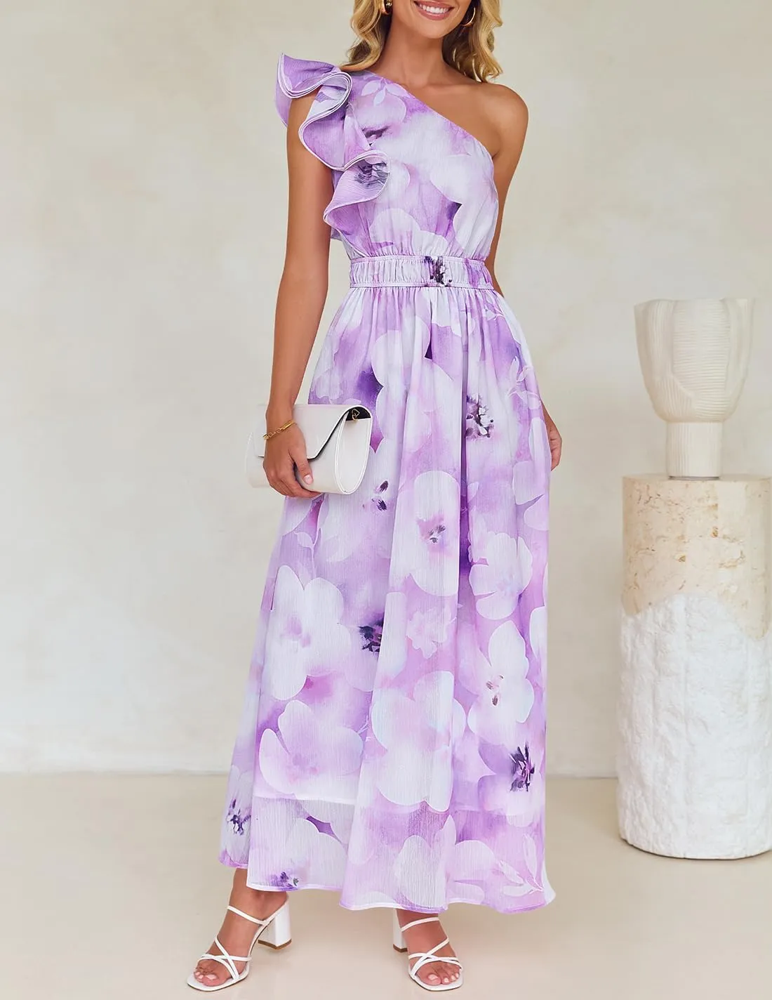 ZESICA Women's 2025 Boho Floral Sleeveless Maxi Dress Ruffle One Shoulder Elatsic High Waist Beach Party Long Dresses
