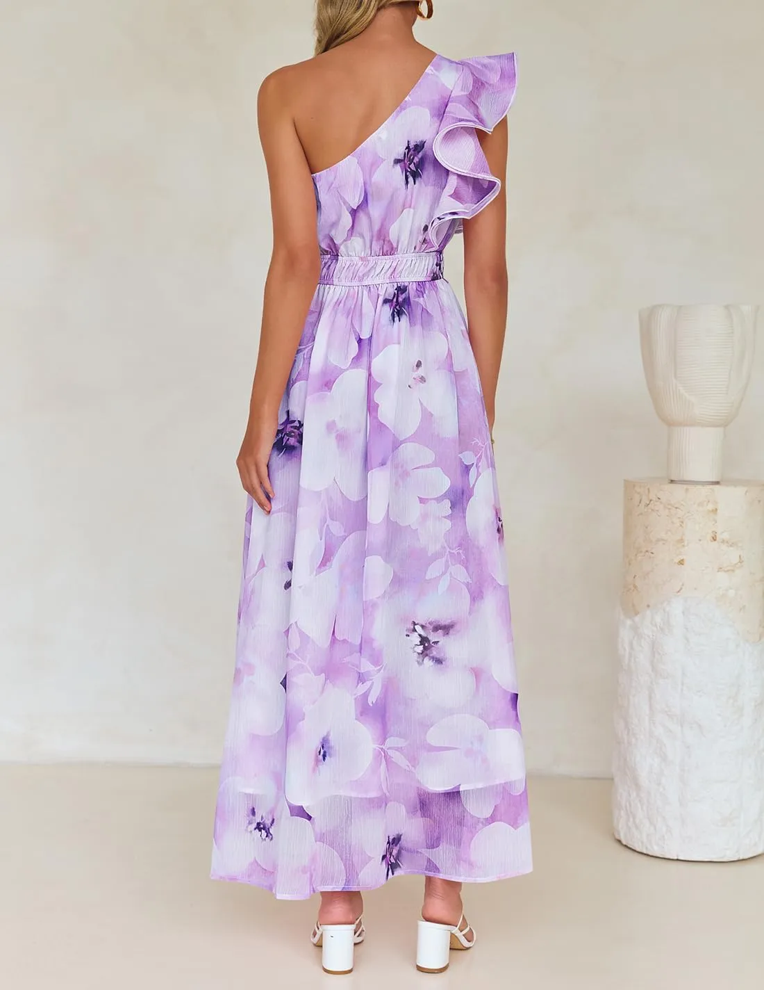 ZESICA Women's 2025 Boho Floral Sleeveless Maxi Dress Ruffle One Shoulder Elatsic High Waist Beach Party Long Dresses