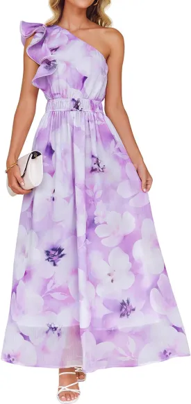 ZESICA Women's 2025 Boho Floral Sleeveless Maxi Dress Ruffle One Shoulder Elatsic High Waist Beach Party Long Dresses