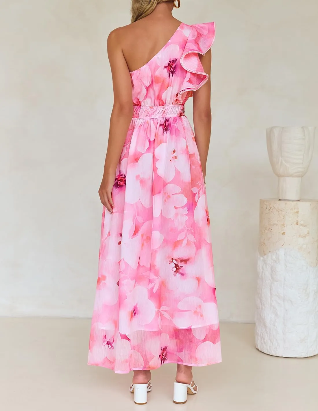 ZESICA Women's 2025 Boho Floral Sleeveless Maxi Dress Ruffle One Shoulder Elatsic High Waist Beach Party Long Dresses