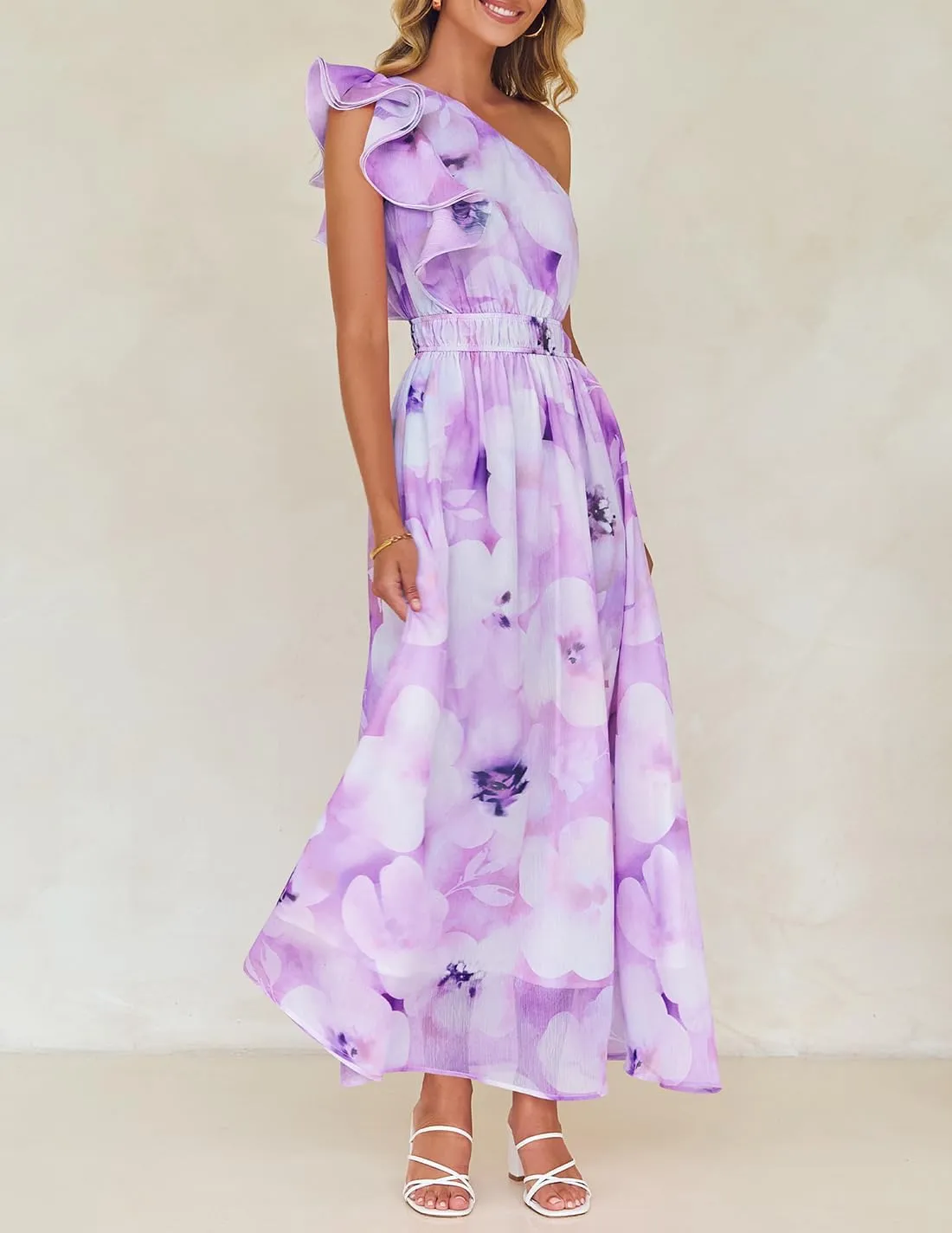 ZESICA Women's 2025 Boho Floral Sleeveless Maxi Dress Ruffle One Shoulder Elatsic High Waist Beach Party Long Dresses