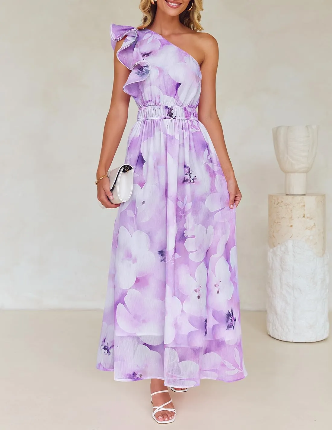 ZESICA Women's 2025 Boho Floral Sleeveless Maxi Dress Ruffle One Shoulder Elatsic High Waist Beach Party Long Dresses