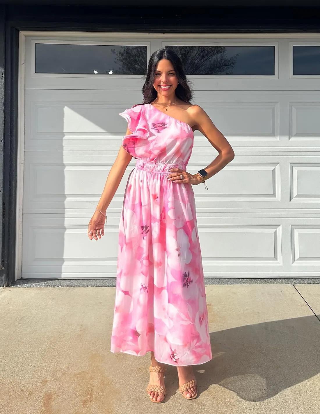 ZESICA Women's 2025 Boho Floral Sleeveless Maxi Dress Ruffle One Shoulder Elatsic High Waist Beach Party Long Dresses