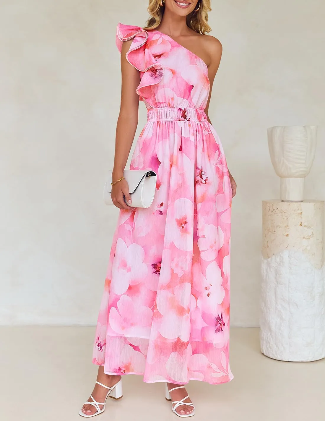 ZESICA Women's 2025 Boho Floral Sleeveless Maxi Dress Ruffle One Shoulder Elatsic High Waist Beach Party Long Dresses
