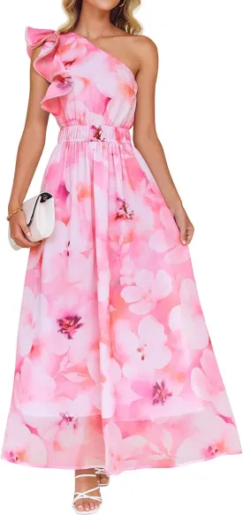 ZESICA Women's 2025 Boho Floral Sleeveless Maxi Dress Ruffle One Shoulder Elatsic High Waist Beach Party Long Dresses