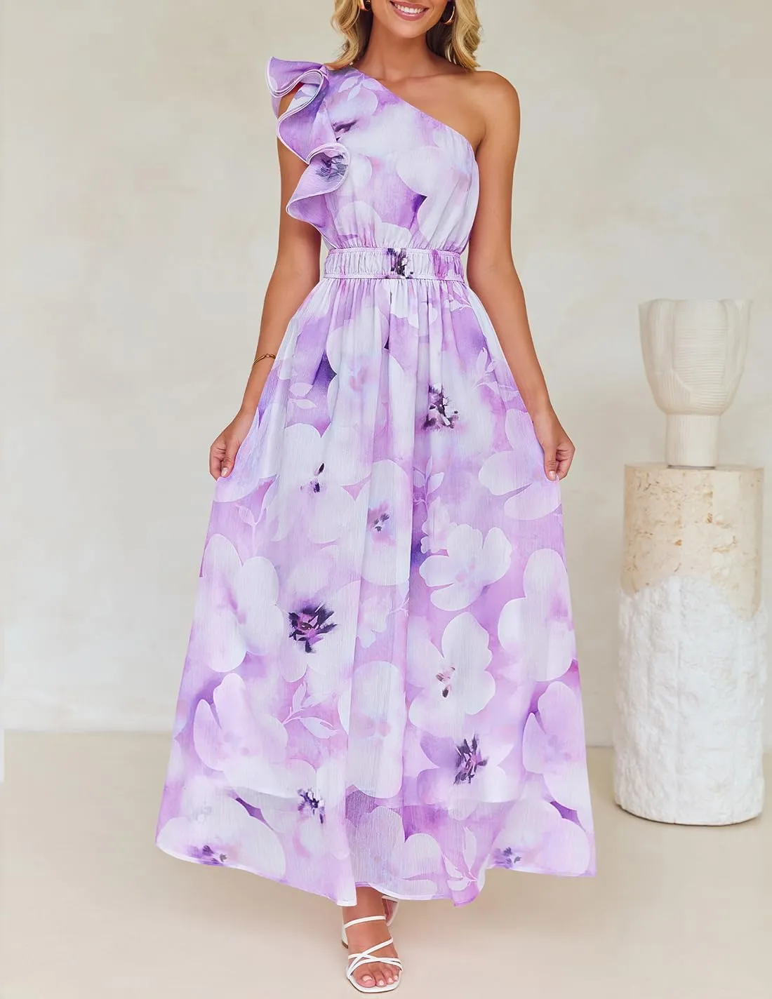 ZESICA Women's 2025 Boho Floral Sleeveless Maxi Dress Ruffle One Shoulder Elatsic High Waist Beach Party Long Dresses