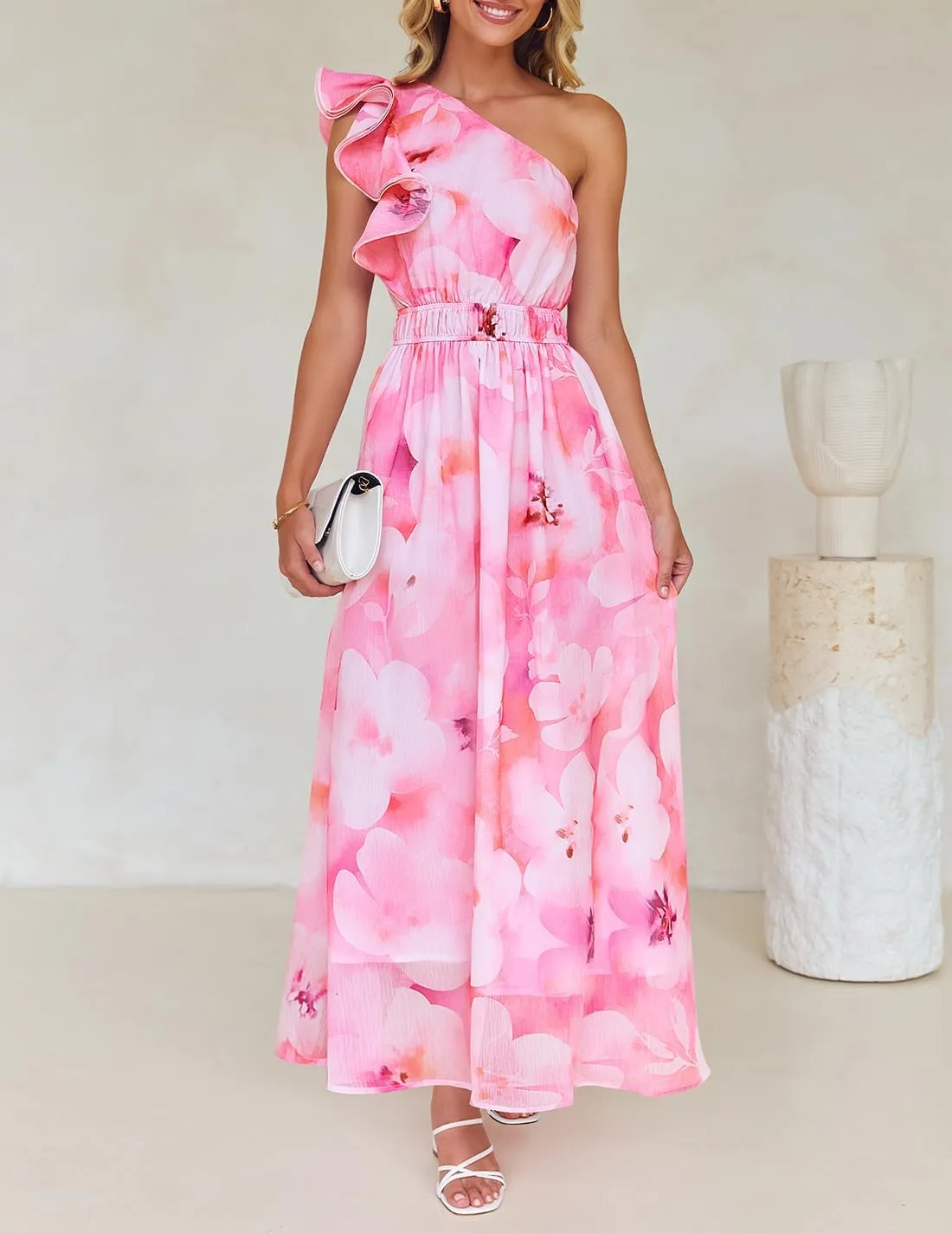 ZESICA Women's 2025 Boho Floral Sleeveless Maxi Dress Ruffle One Shoulder Elatsic High Waist Beach Party Long Dresses