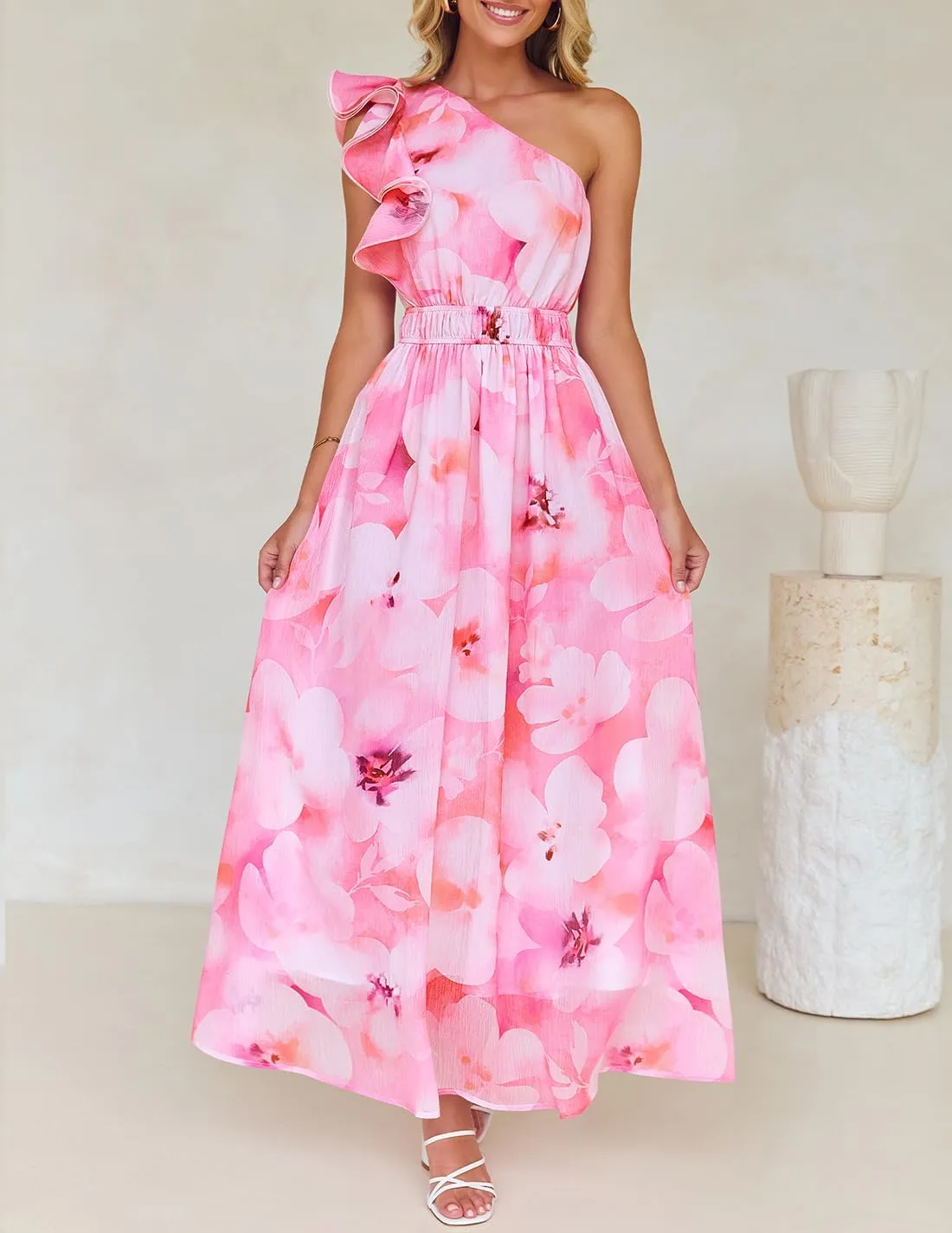 ZESICA Women's 2025 Boho Floral Sleeveless Maxi Dress Ruffle One Shoulder Elatsic High Waist Beach Party Long Dresses